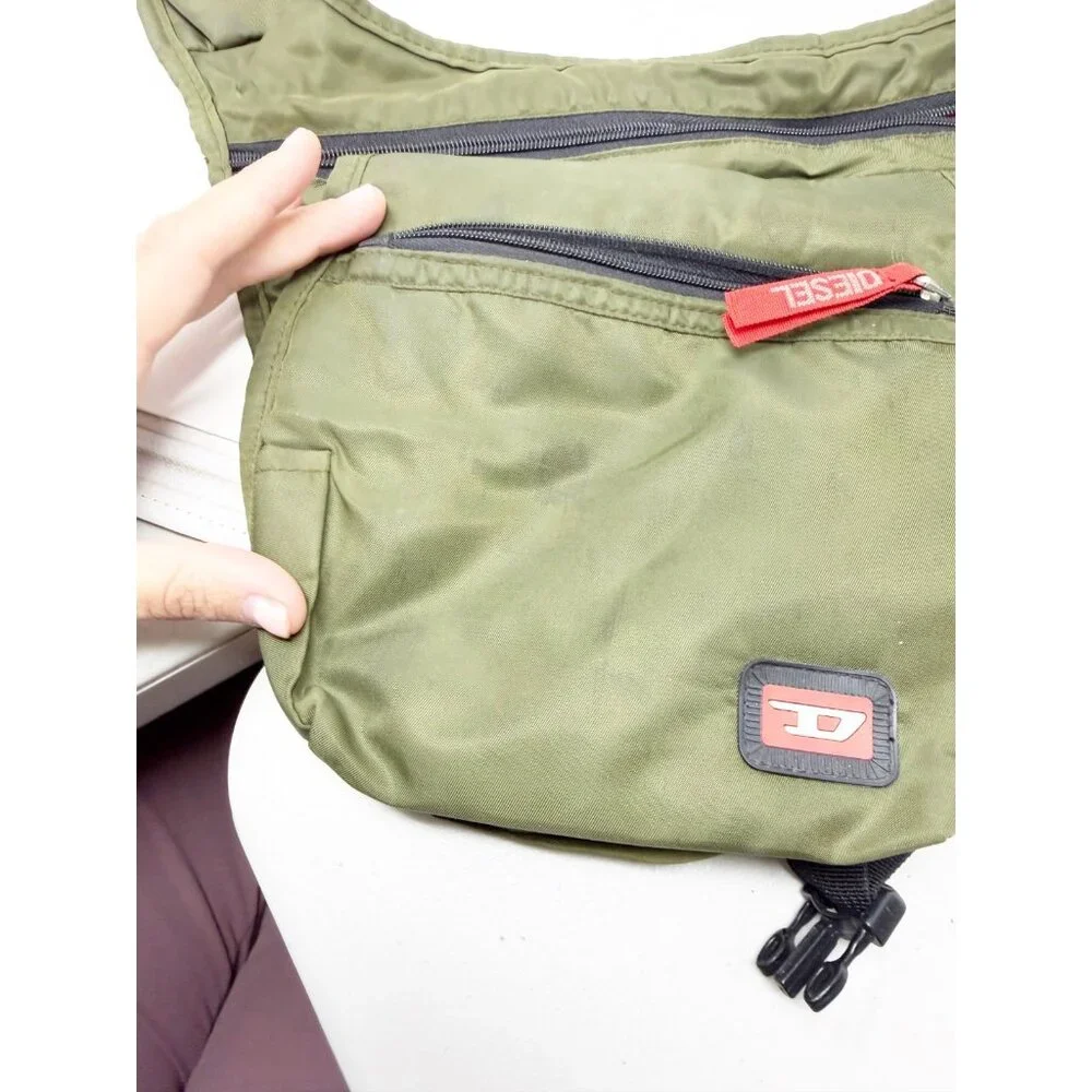 Diesel Vintage Y2K‎ Mens Crossbody Sling Bag Nylon Multi Pocket Olive Green